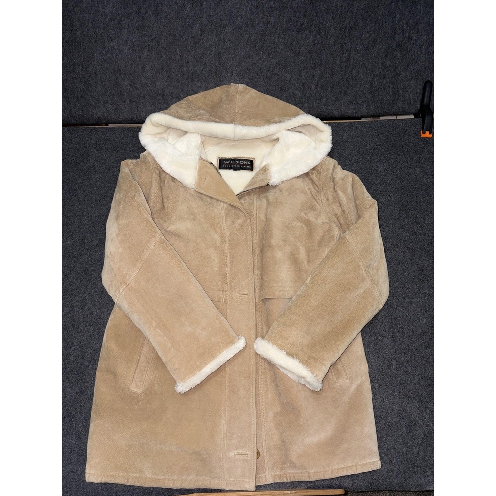 Wilsons Leather Coat Womens Large Beige Suede Hooded Faux Shearling Penny Lane